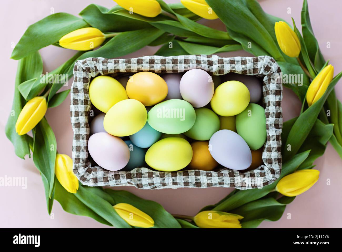 Stylish background with colorful easter eggs isolated on pastel pink ...