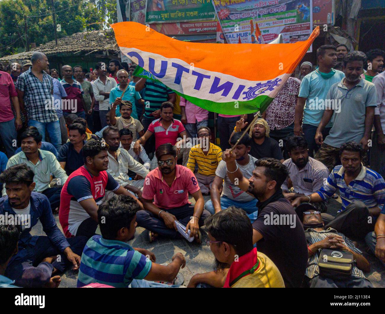 Kolkata, India. 21st Mar, 2022. The road was blocked at South 24