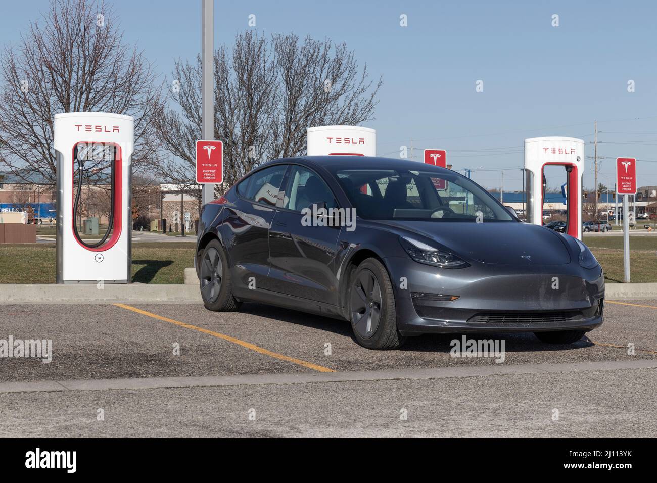 Lafayette Circa March 2022 Tesla EV electric vehicles charging