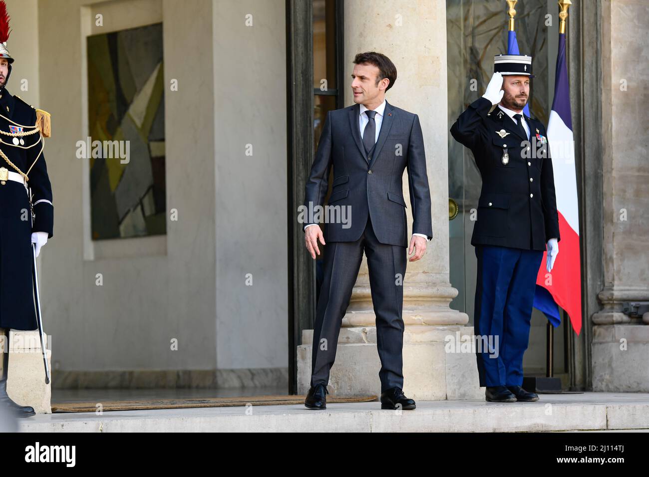 French President Emmanuel Macron receives Prime Minister Pedro Sanchez and address journalists before a meeting at the Elysee Presidential Palace in Paris, France on March 21, 2022. Photo by Victor Joly/ABACAPRESS.COM Stock Photo