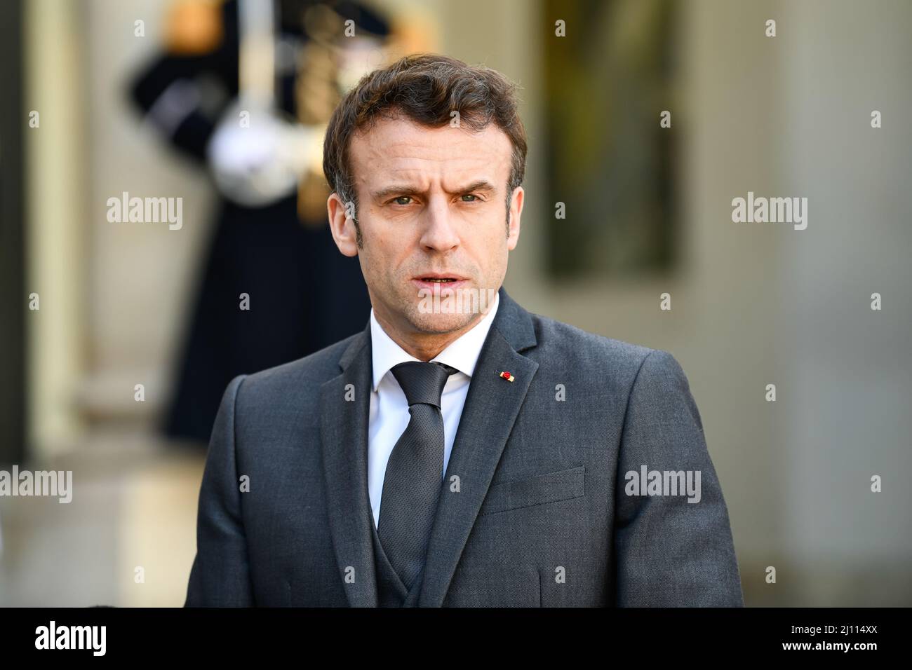 French President Emmanuel Macron receives Prime Minister Pedro Sanchez and address journalists before a meeting at the Elysee Presidential Palace in Paris, France on March 21, 2022. Photo by Victor Joly/ABACAPRESS.COM Stock Photo