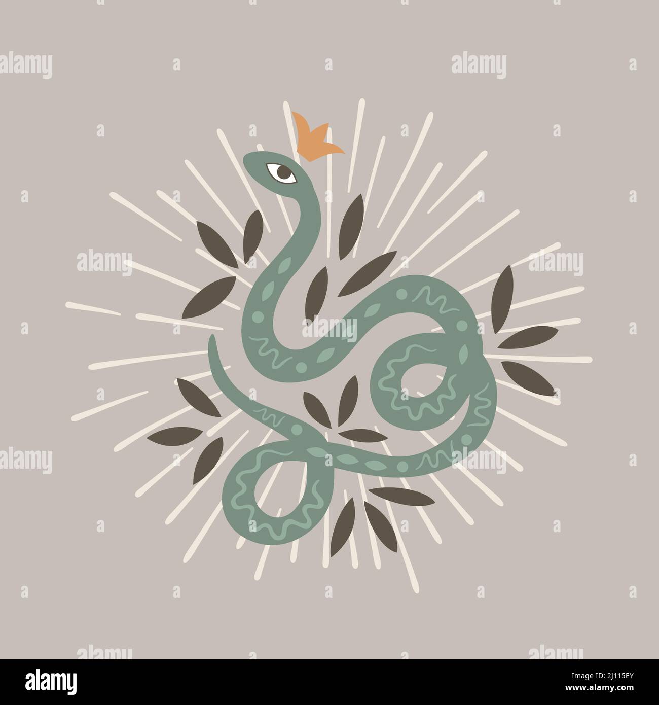 Boho snake illustration with leaves and sunbursts Stock Vector Image ...