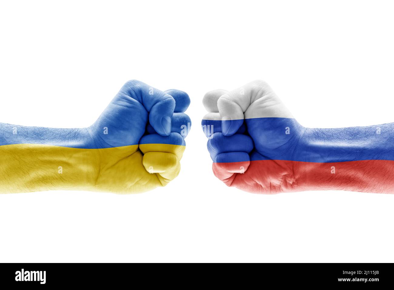 Flags of Ukraine and Russia painted on two fists isolated on white background Stock Photo