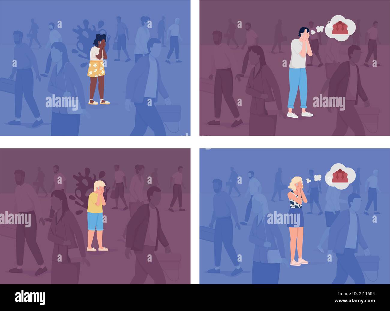 Panic episode in crowded space flat color vector illustration set Stock Vector