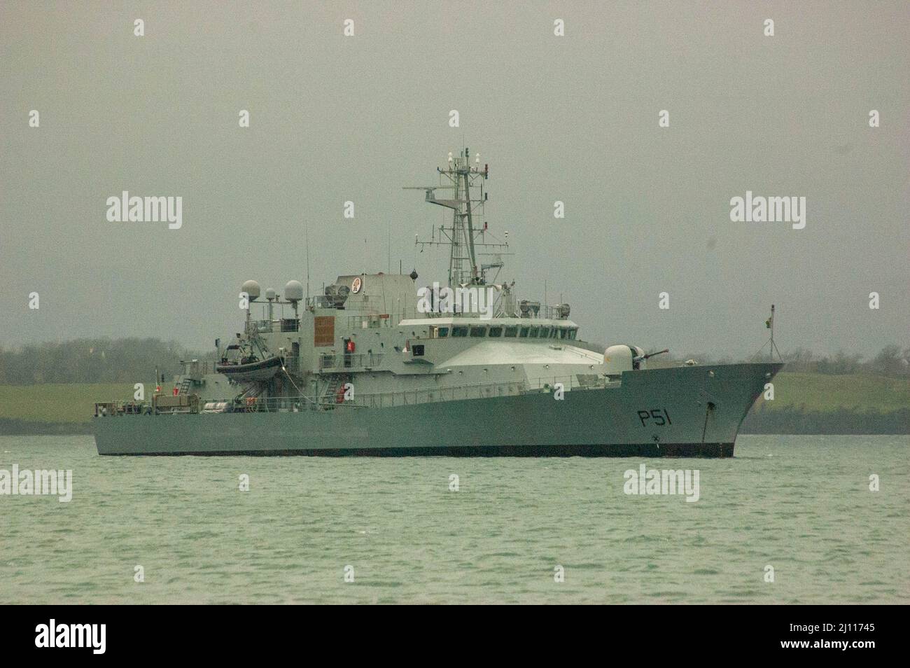 Monday 21 Mar 2022; Irish Naval Service Vessel Lé Roisin at anchor in Bantry Bay, West Cork Ireland. The Irish Defence Forces are recruiting for new members of the Army and Navy. Credit ED/Alamy Live News Stock Photo