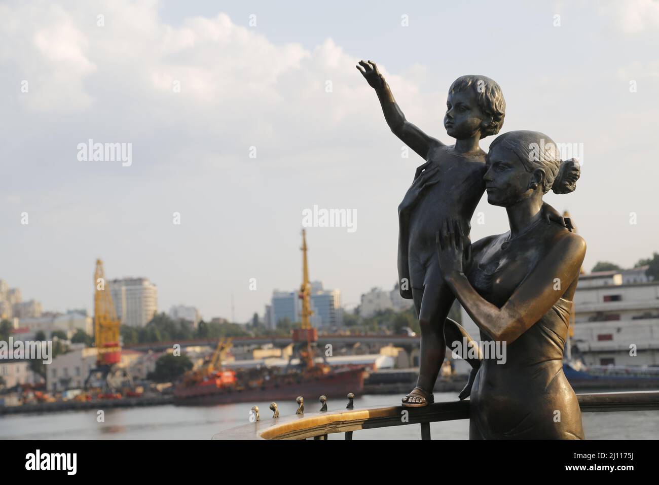 Statue of sailor's wife and child waiting for their seaman in the port area of Odessa, Ukraine. Stock Photo