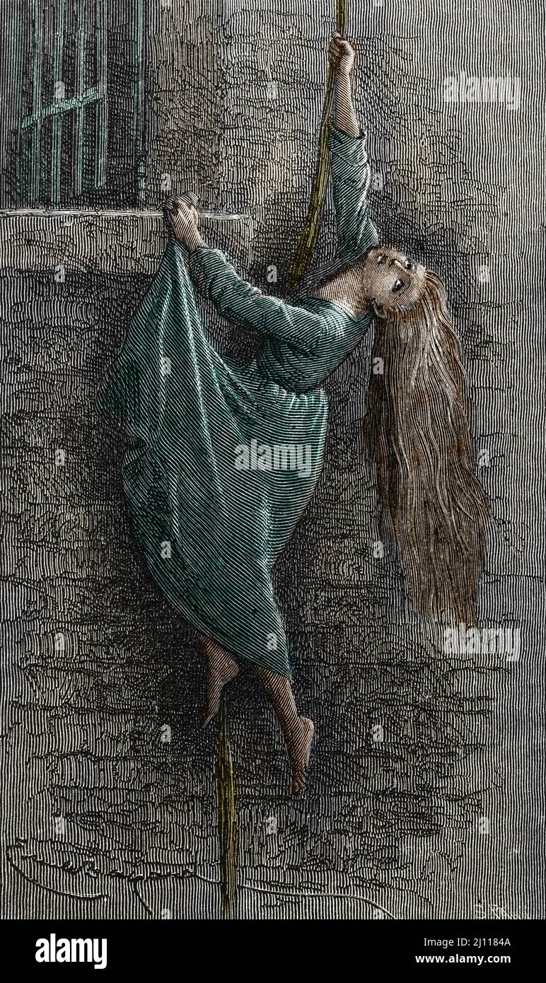 'L'evasion de Blanche Gamond (1664-1718) jeune femme protestante lors des persecutions religieuses 1687' (Hughenot Blanche Gamond trying to escape from the hospital of Orange 1687) Gravure tiree de 'Fughe famose' 1874 Collection privee Stock Photo