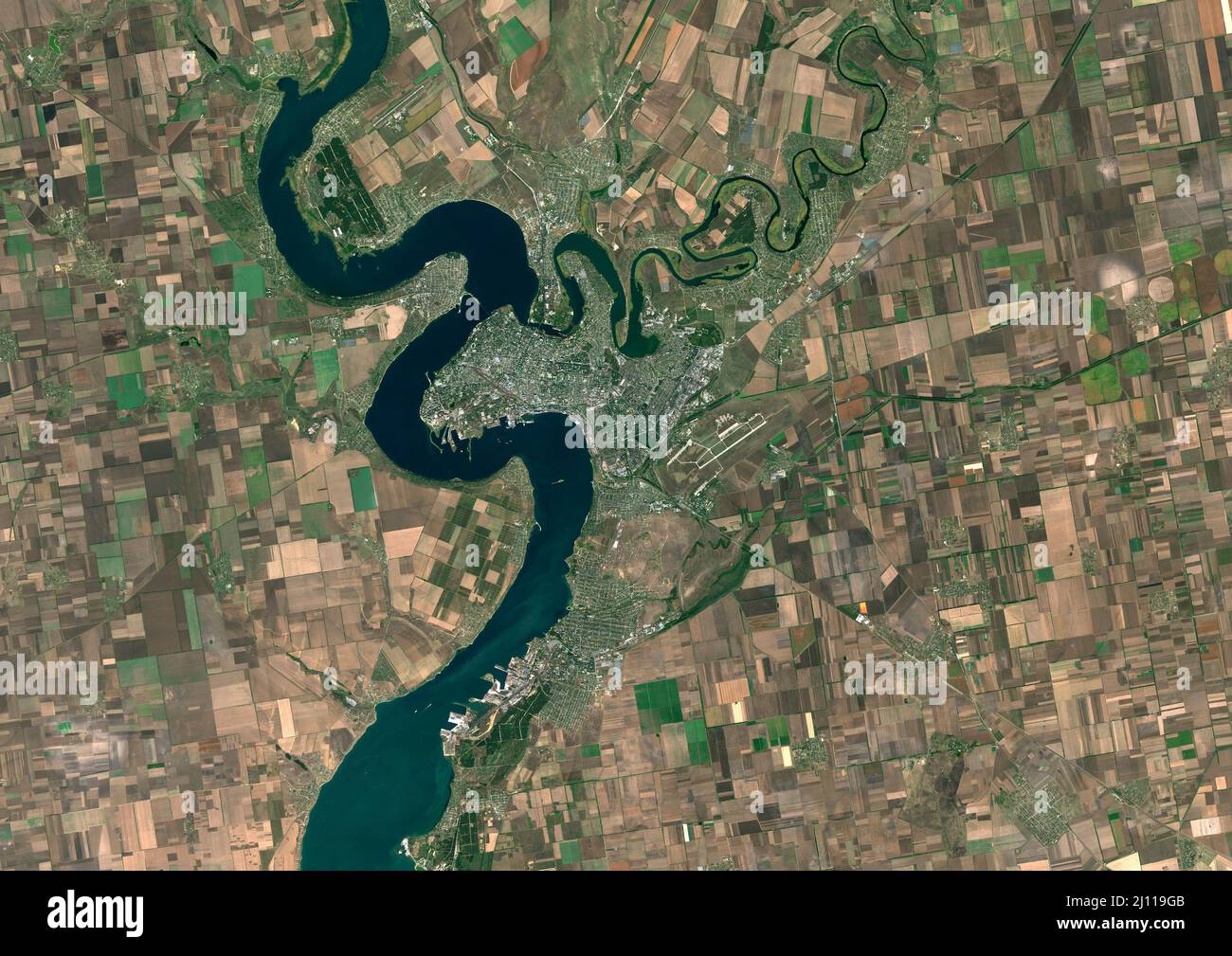 Color satellite image of Mykolaiv, Ukraine. Mykolaiv, or Nikolaev, is a city near the Black Sea in southern Ukraine. The territory covered is 50 km x Stock Photo