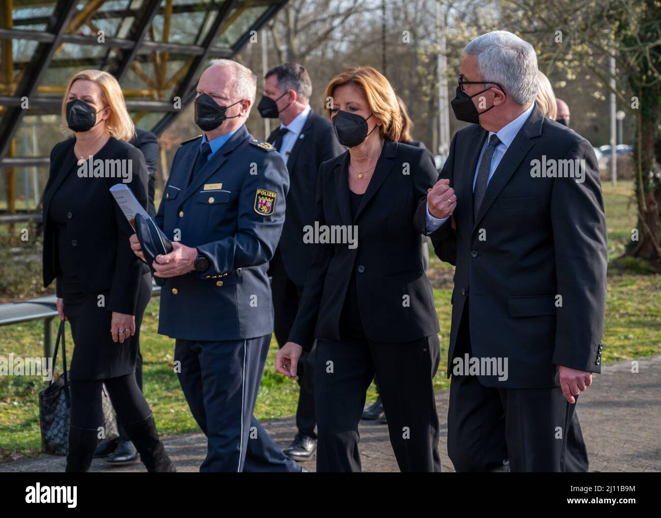 Kusel, Germany. 21st Mar, 2022. Federal Interior Minister Nancy Faeser (SPD, l-r), the President of the Western Palatinate Police Headquarters, Michael Denne, the Minister President of Rhineland-Palatinate, Malu Dreyer (SPD) and Rhineland-Palatinate Interior Minister Roger Lewentz (SPD), attend the memorial service for the police officers recently killed near Kusel. Credit: Harald Tittel/dpa/Alamy Live News Stock Photo