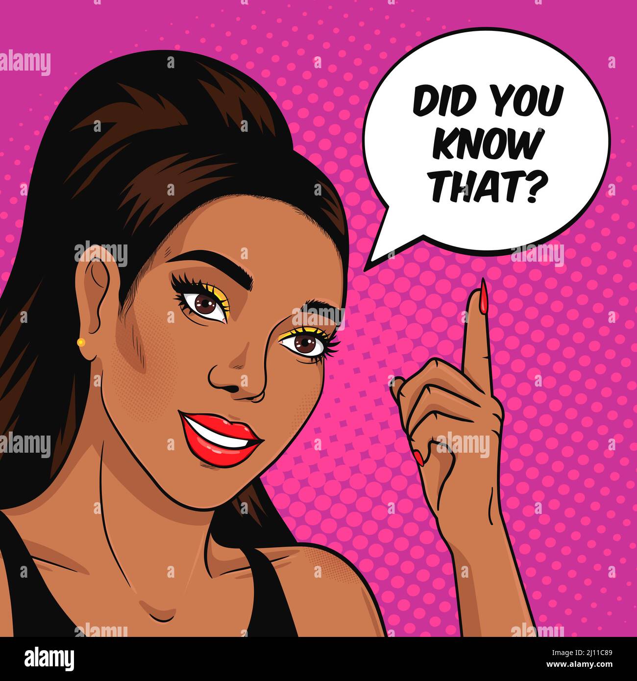African American woman asking question Did You Know That? Wise woman teaching and explaining facts concept vector illustration in pop art retro comic Stock Vector