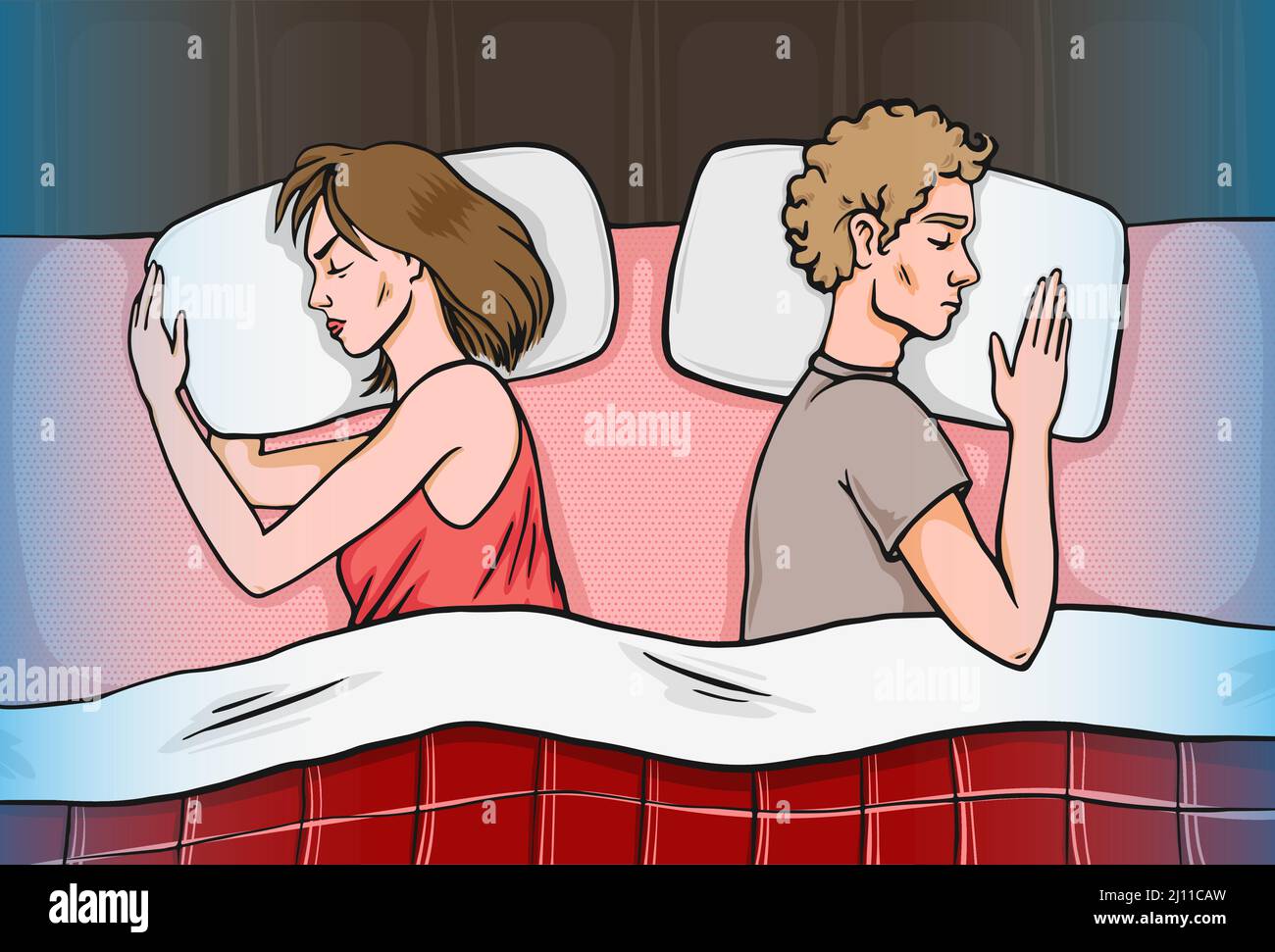 Angry married couple sleeping facing away from each other. Relationship problems concept vector illustration in retro pop art comics stye. Quarrel Stock Vector
