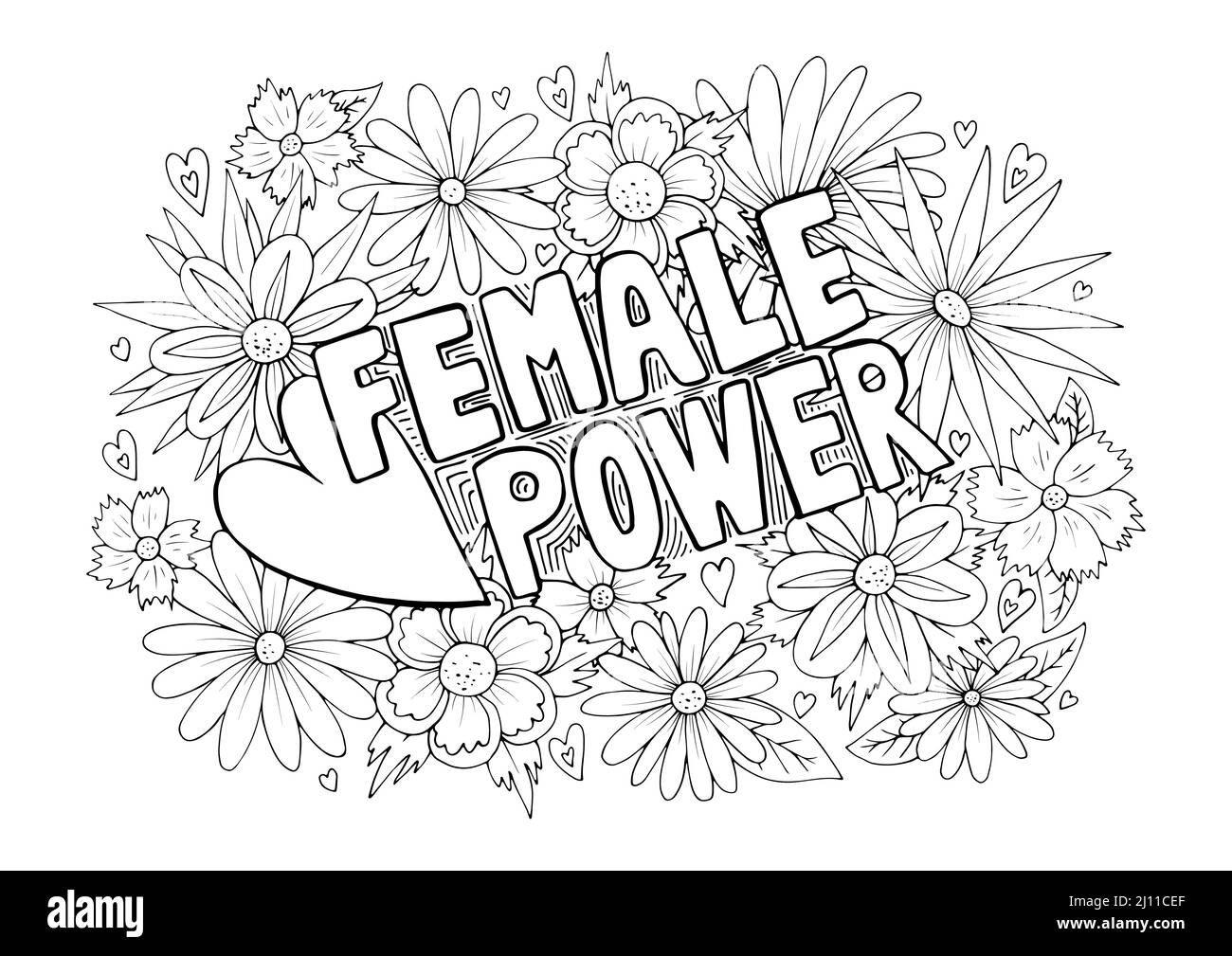Female Power word in flower pattern, anti stress coloring page design. Girl Power motivation slogan. Feminist saying Stock Vector