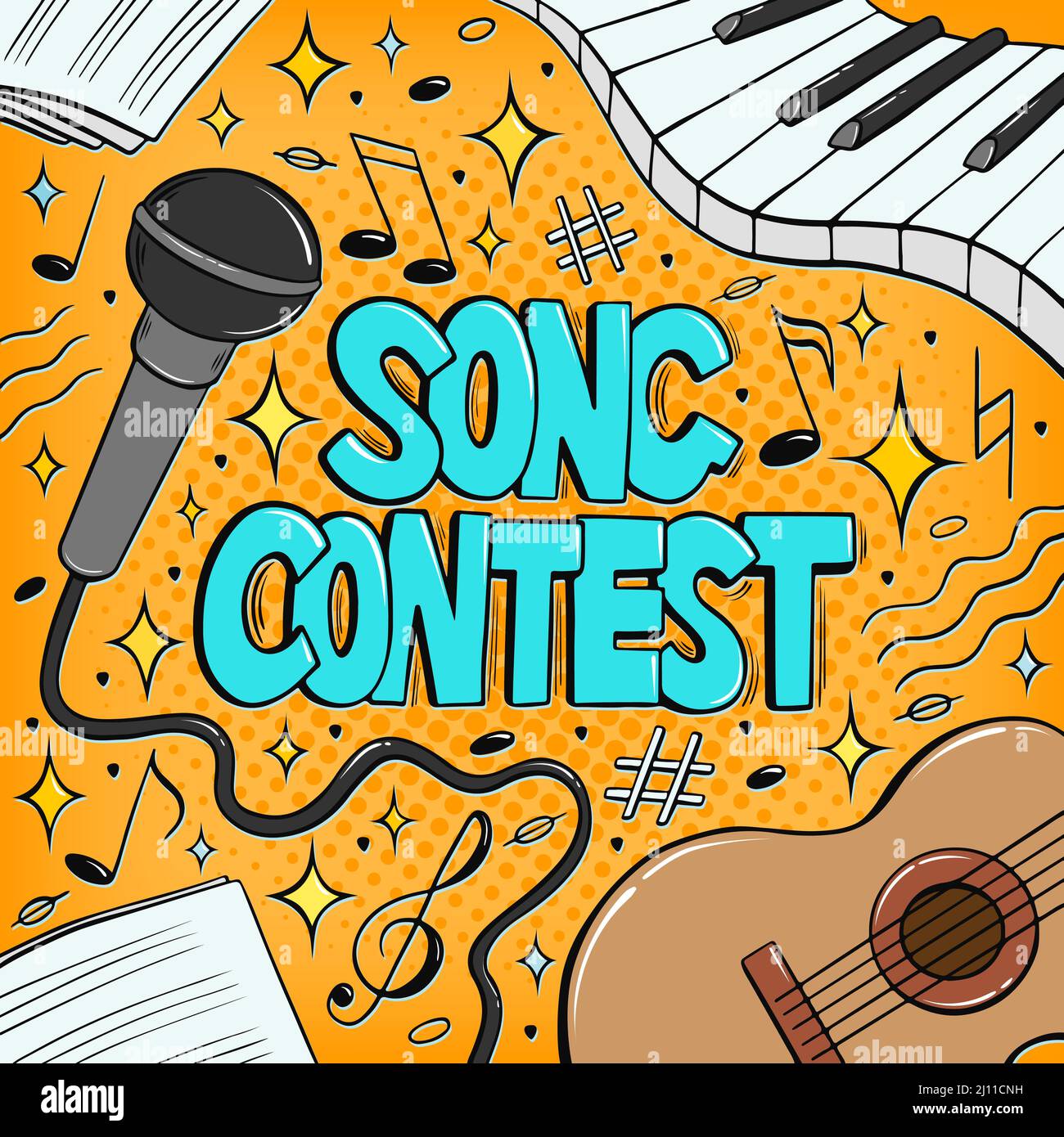 Song Contest word bubble in pop art comic style. Song battle poster with musical instruments Stock Vector