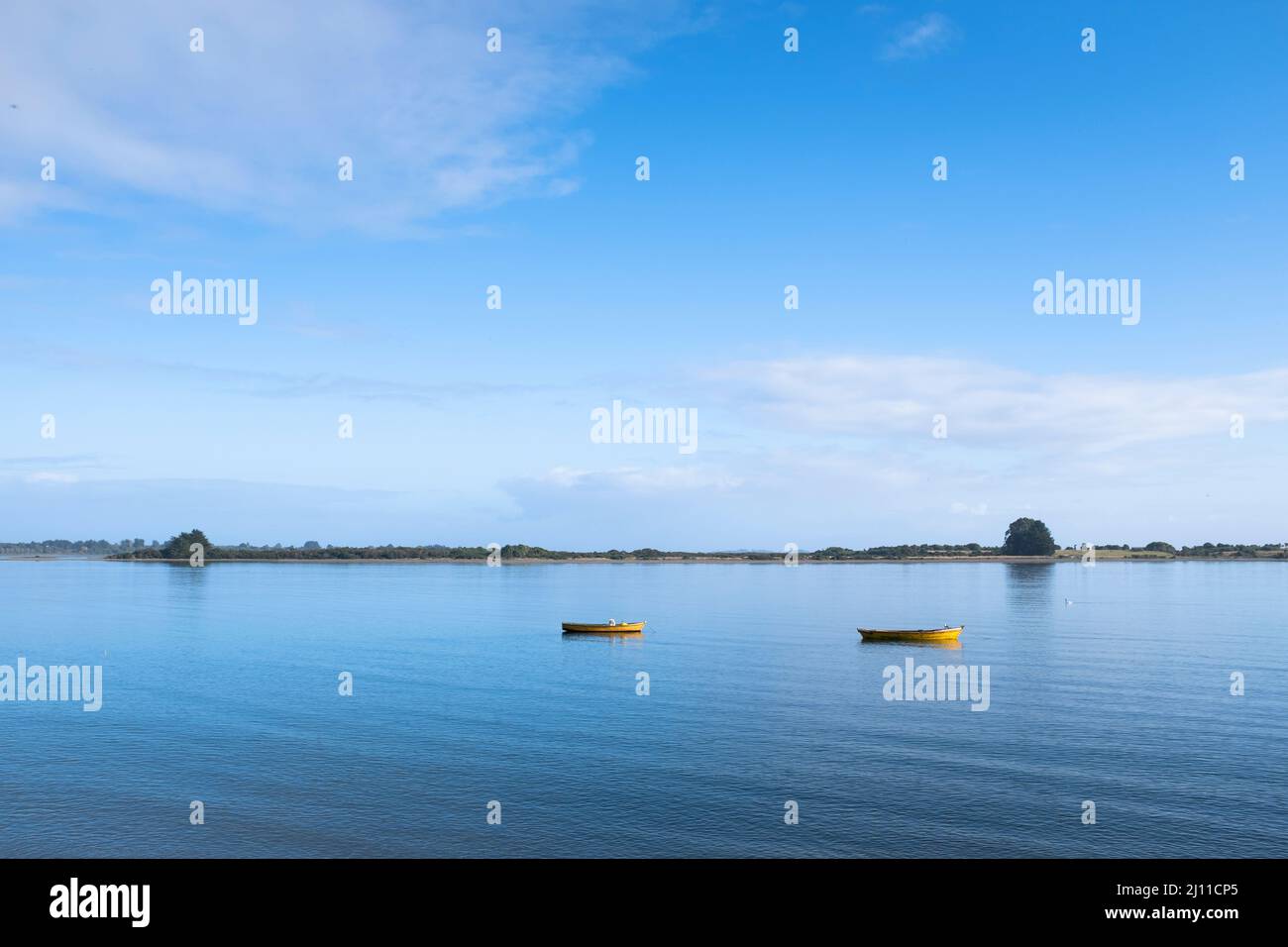 Small boats moored in the Chacao Channel. Chiloé. Los Lagos Region. Chile. Stock Photo