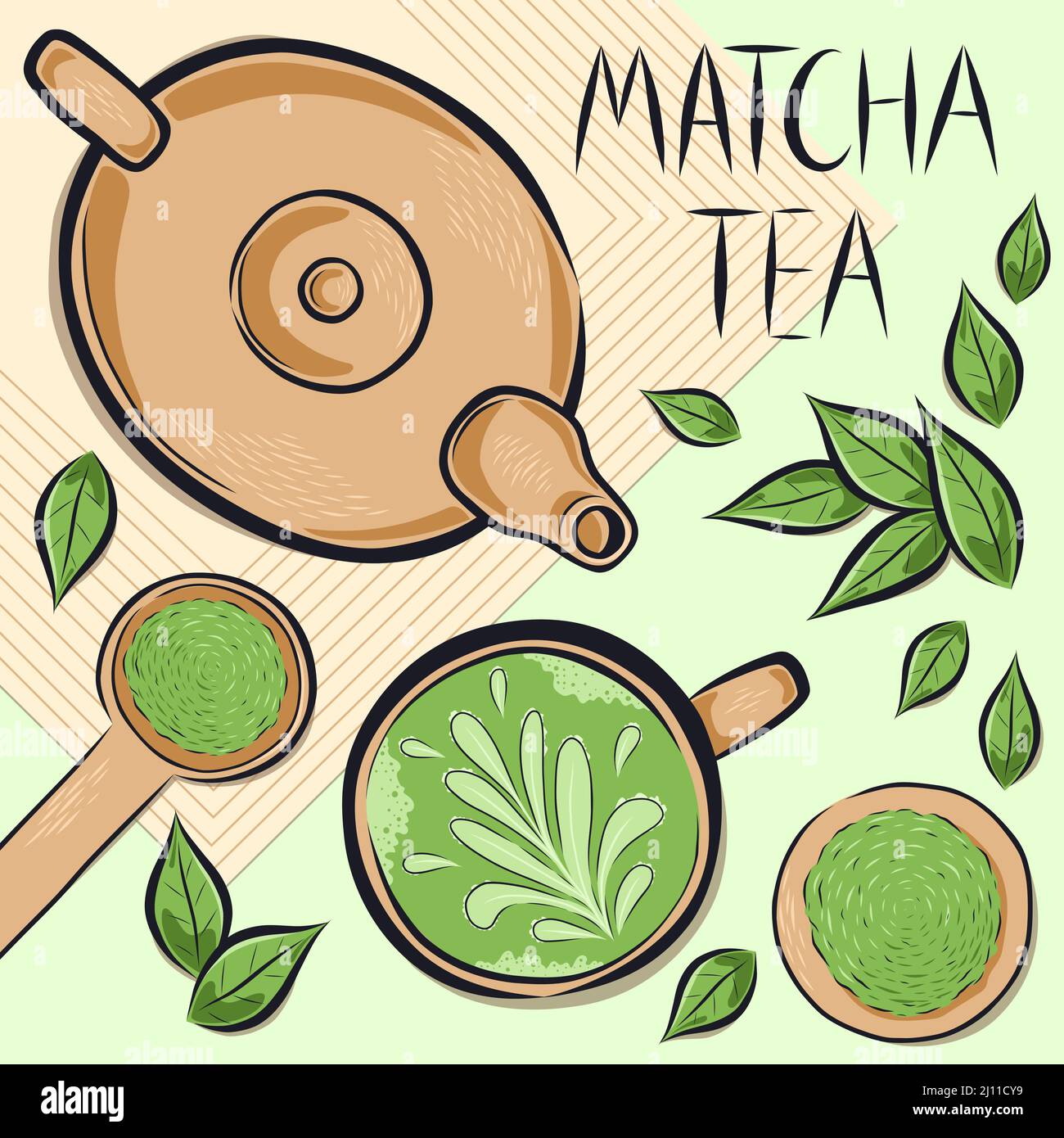 Green matcha tea ceremony items. Japanese matcha latte healthy drink banner, hand drawn vector illustration Stock Vector