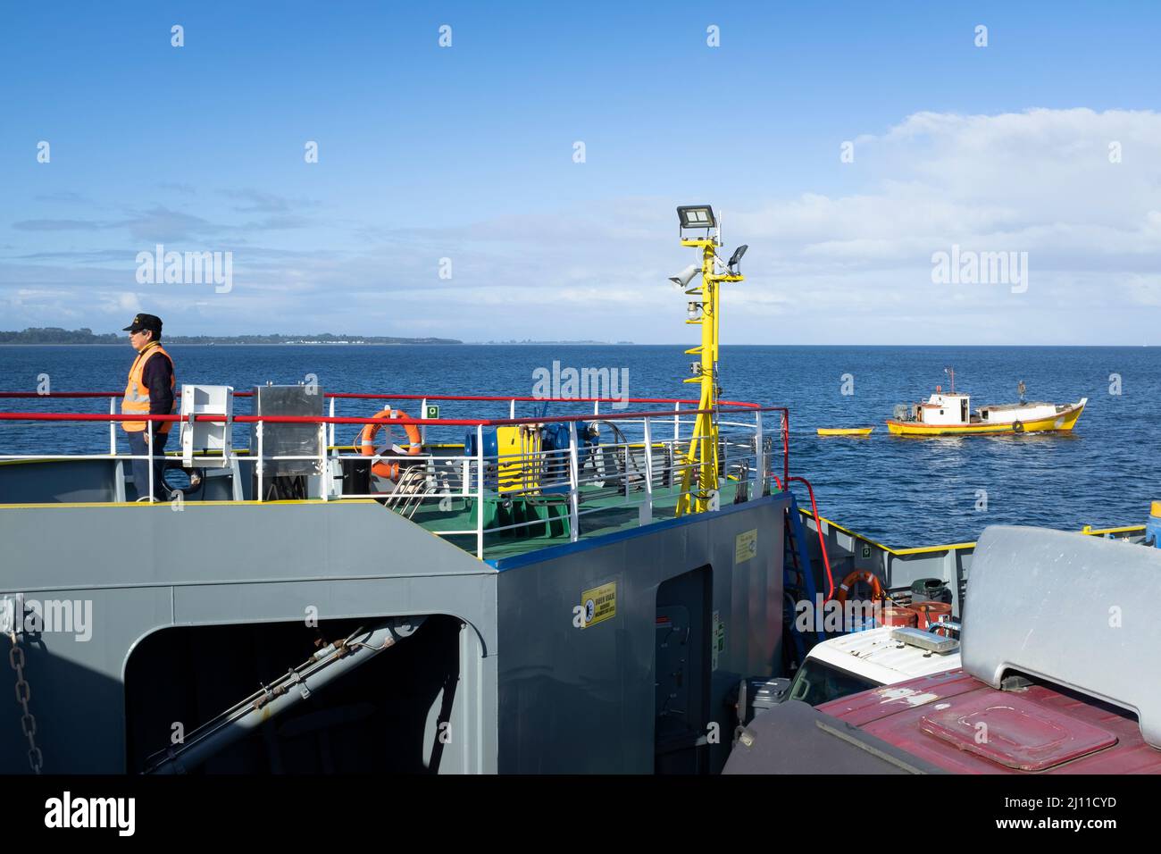 Ferry crossing the Chacao channel. Los Lagos Region. Chile. Stock Photo