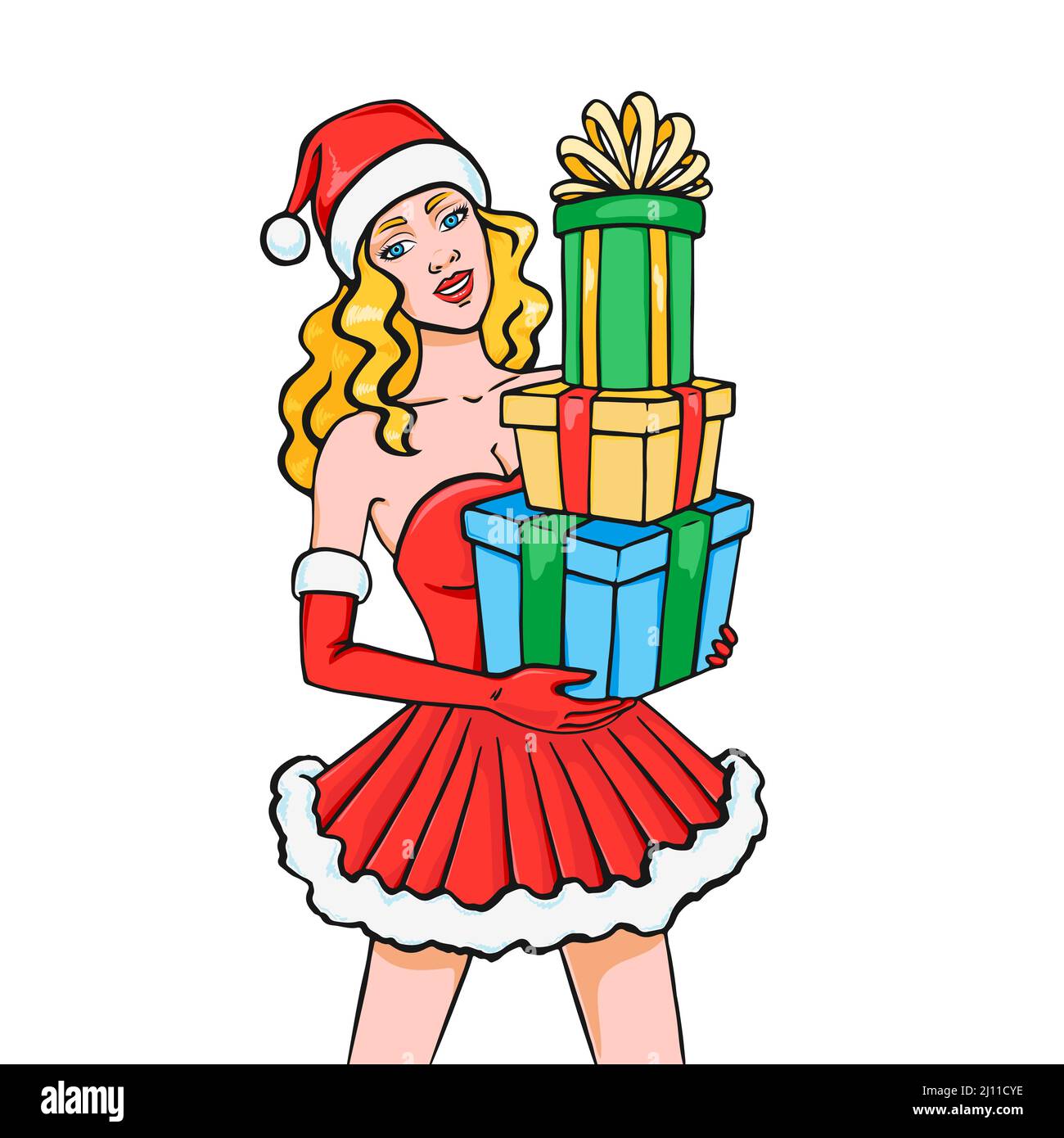 Santa girl holding gift boxes isolated on white background, pop art retro comic style Christmas character. Secret Santa Stock Vector