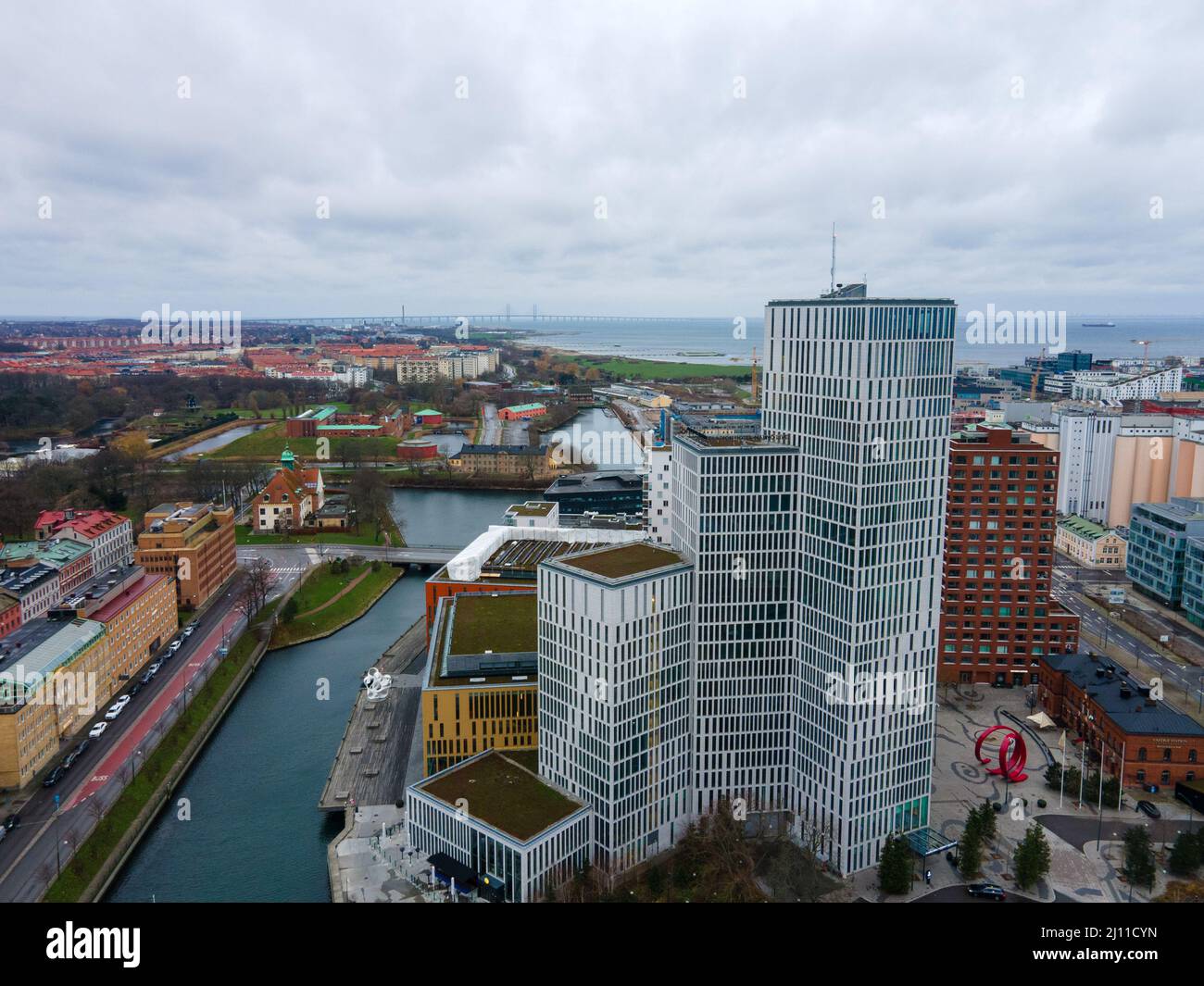 Malmö, Sweden - 28 12 2020: Aerial view of the Malmö modern buildings. Drone shot. Stock Photo