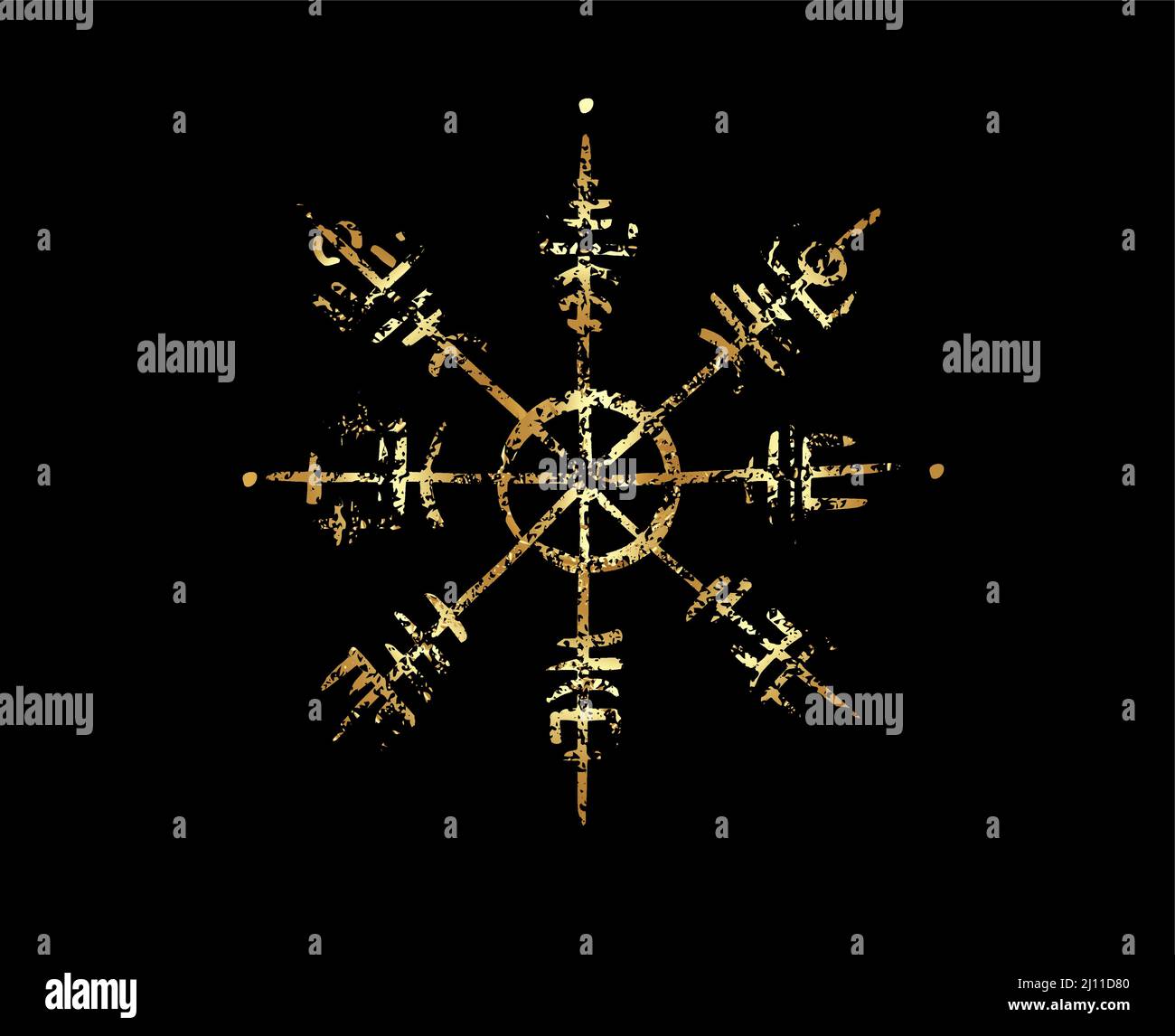 Vegvisir runic compass gold foil pencil drawing style, Hand drawing of Viking symbols, Sacred Norse, golden logo, grunge runic magic symbols, vector Stock Vector
