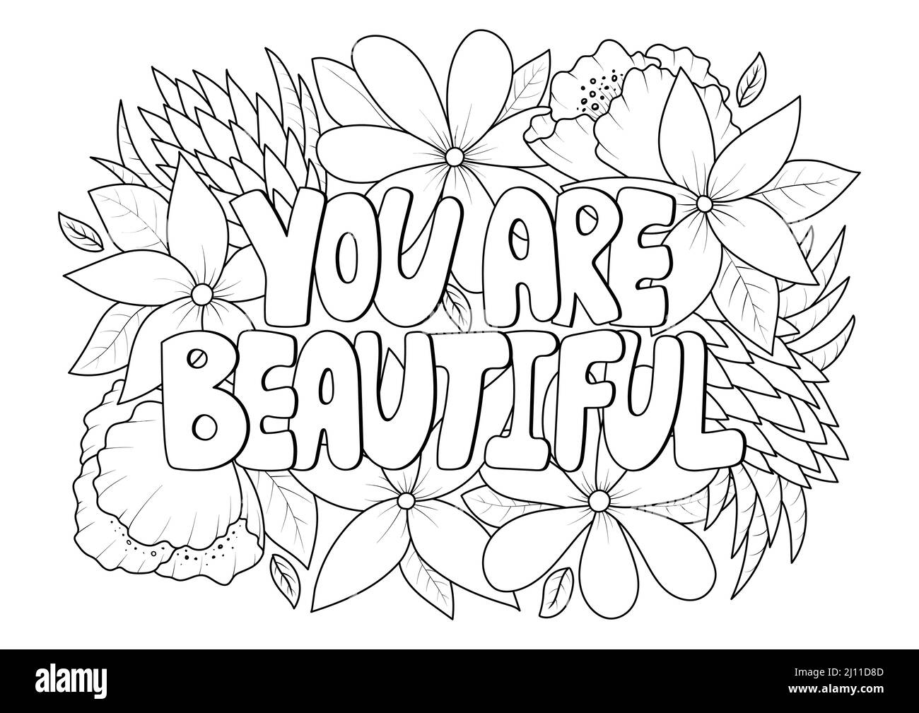 You are beautiful phrase in flowers antistress coloring page for adult
