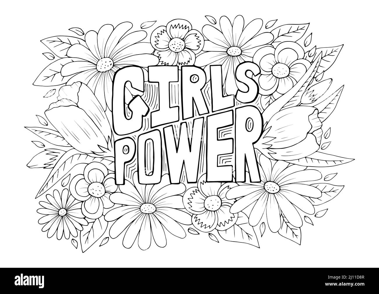 Girl Power slogan with floral background anti stress coloring page design, hand drawn vector illustration. Feminist saying for  t-shirts, posters, car Stock Vector