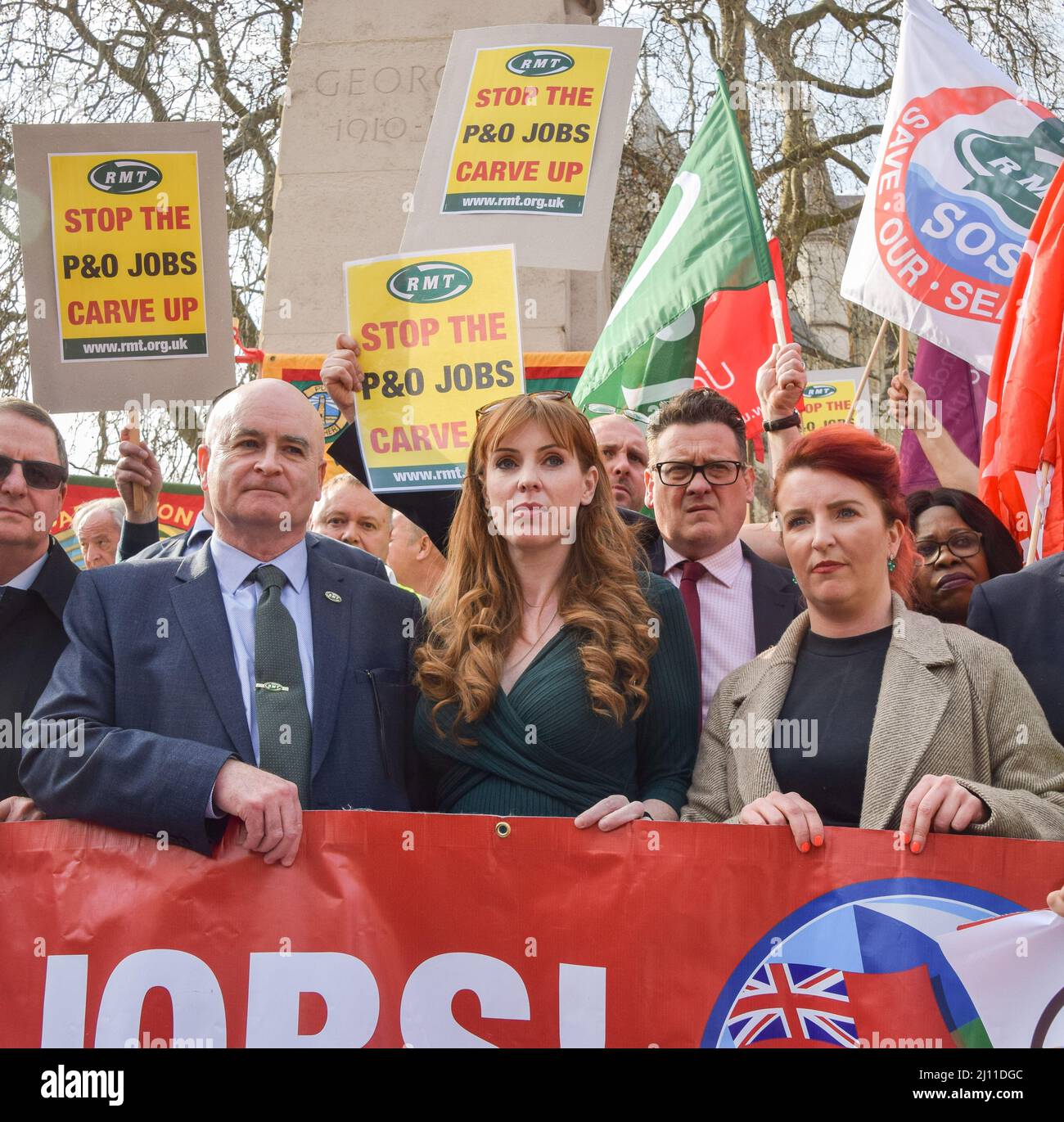 London, UK. 21st March 2022. Labour deputy leader ANGELA RAYNER, Shadow Secretary of State for Transport and Labour MP LOUISE HAIGH and secretary general of RMT Mick Lynch join the protesters outside Parliament. P&O Ferries staff and RMT Union members marched from the headquarters of DP World, the company which owns P&O, to Parliament, after 800 UK staff were fired and replaced by agency workers. Credit: Vuk Valcic/Alamy Live News Stock Photo