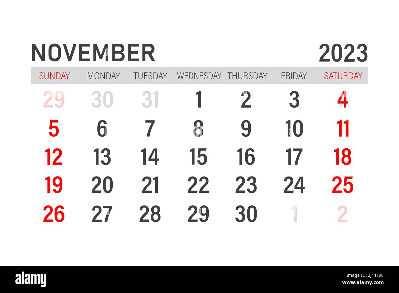 Calendar template for november 2023. Layout for november 2023 year. Printable monthly planner. Desk calendar design. Start of the week on Sunday Stock Vector