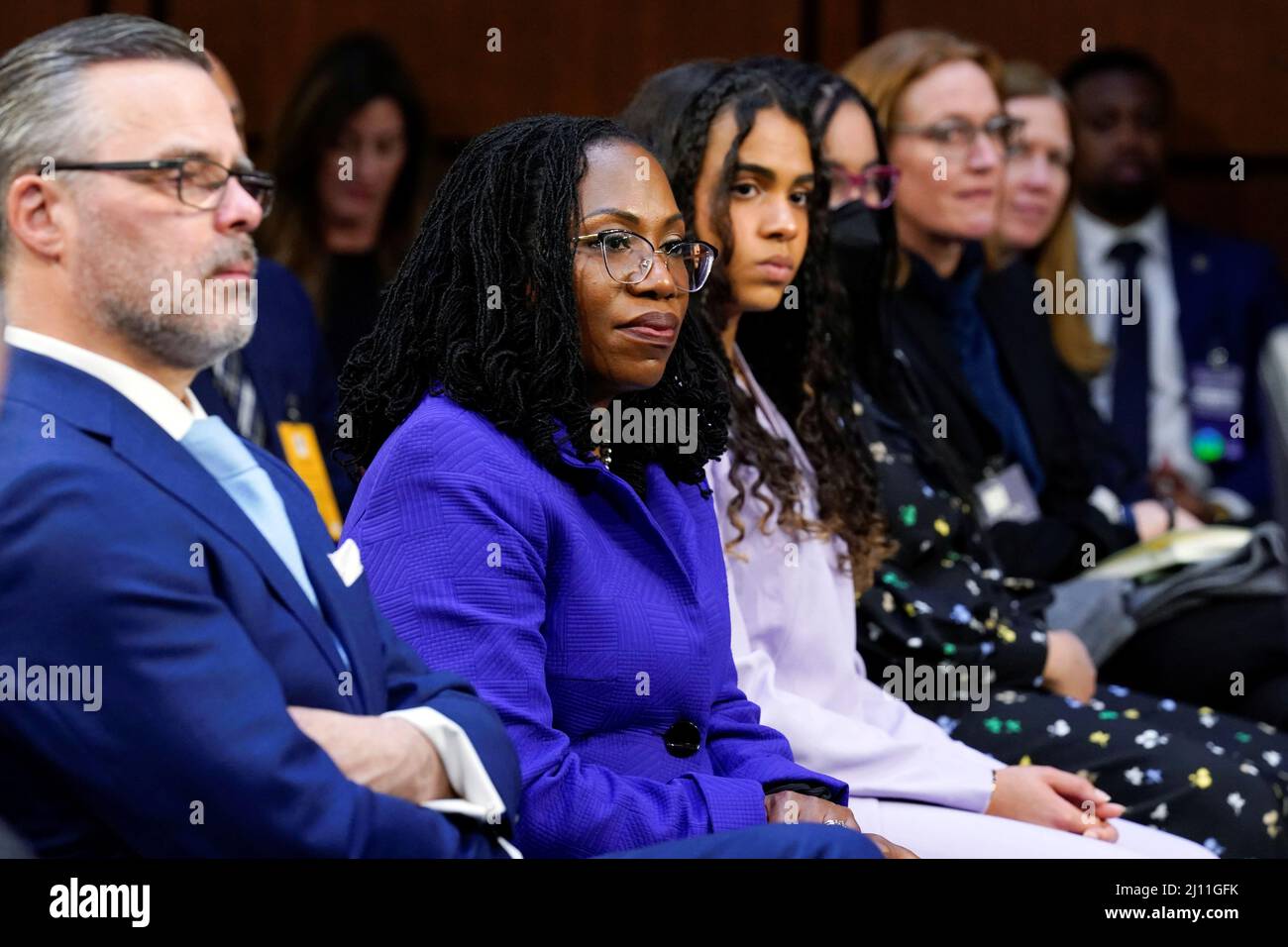 Supreme Court Nominee Ketanji Brown Jackson Second From Left Sits With Her Husband Dr Patrick Jackson Left And Daughters Leila Jackson Third From Left And Talia Jackson As She Is Introduced During
