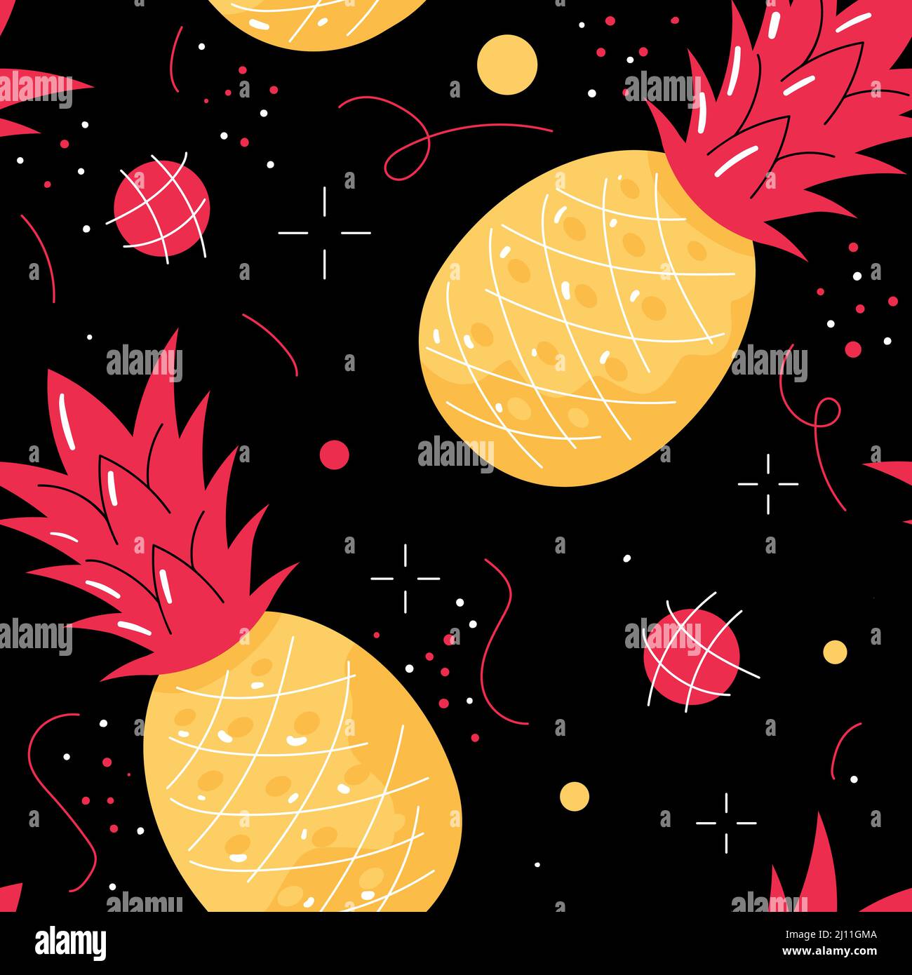 Pineapple seamless pattern. Stylized pineapple on black background. Stock Vector