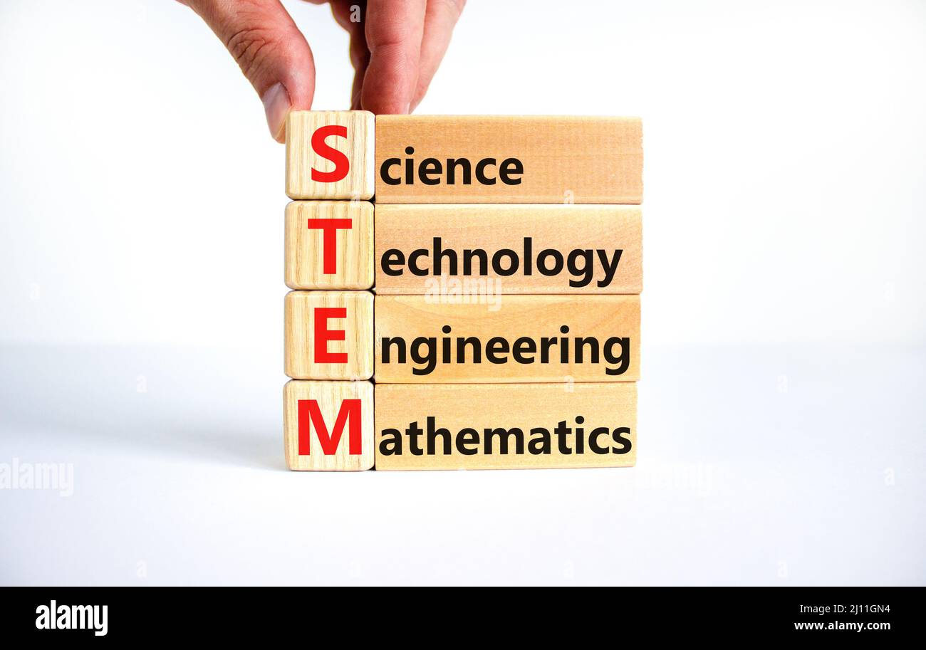 STEM science technology engineering mathematics symbol. Words STEM science technology engineering mathematics on white background. Business STEM scien Stock Photo