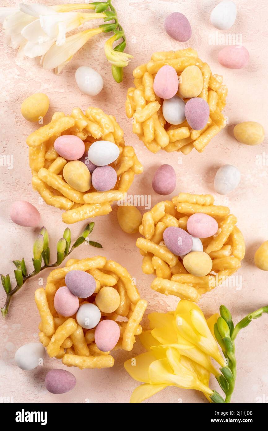 Springtime Sweets Springtime sweet nests filled with Easter eggs Stock Photo - Alamy
