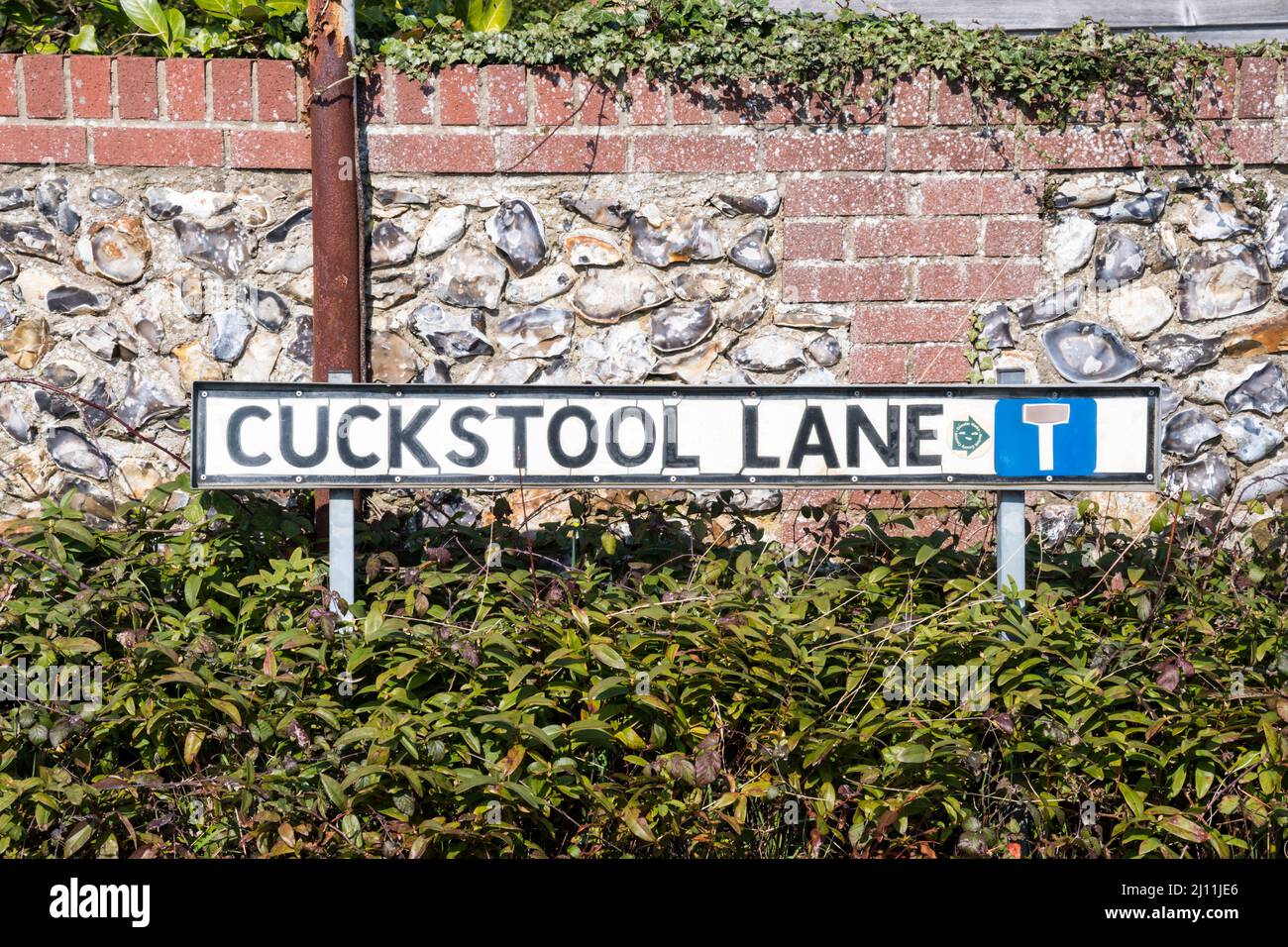 Street name sign for Cuckstool lane in Castle Acre, Norfolk. Stock Photo
