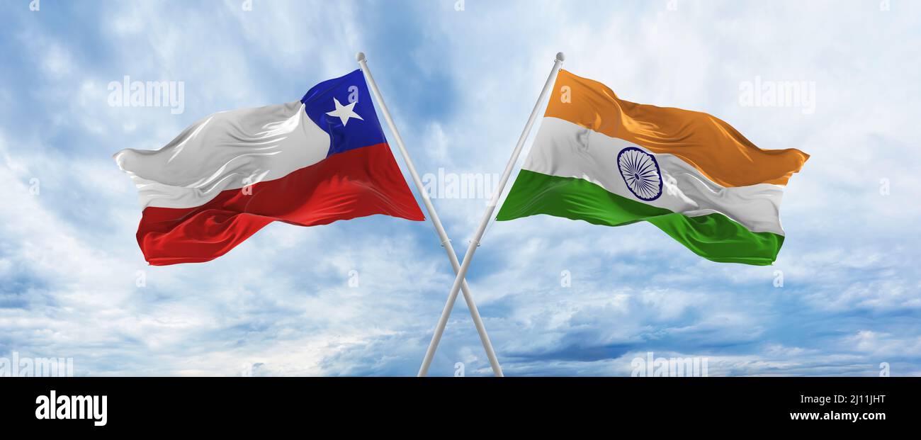 crossed national flags of Chile and India flag waving in wind at cloudy ...