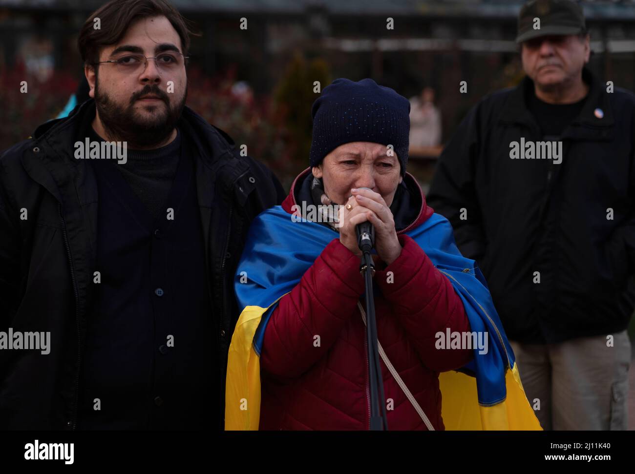 Batumi, Georgia - March 21, 2022: a woman speaks at a rally against the war in Ukraine Stock Photo