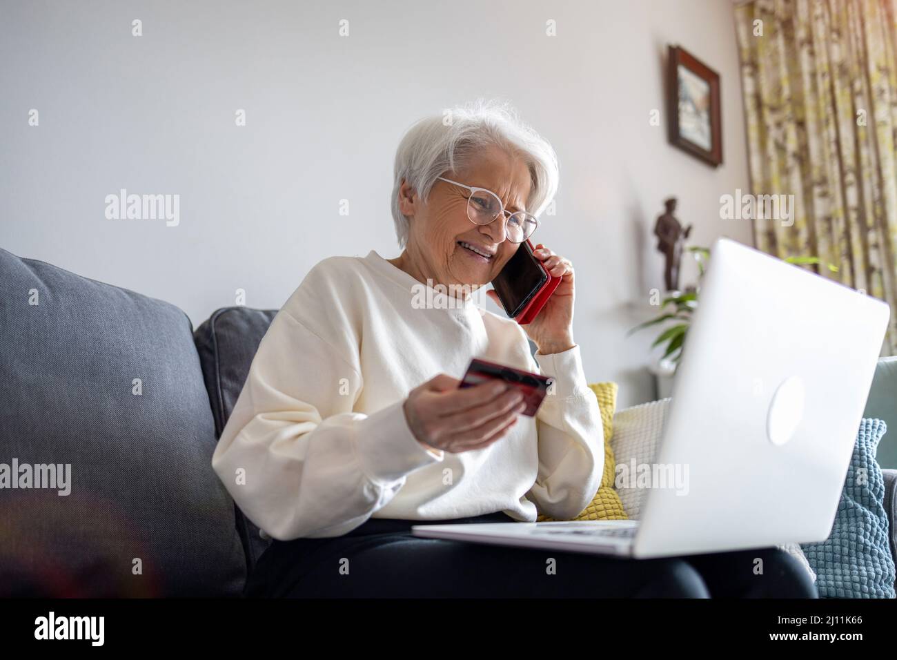 Senior woman doing online shopping on laptop at home Stock Photo