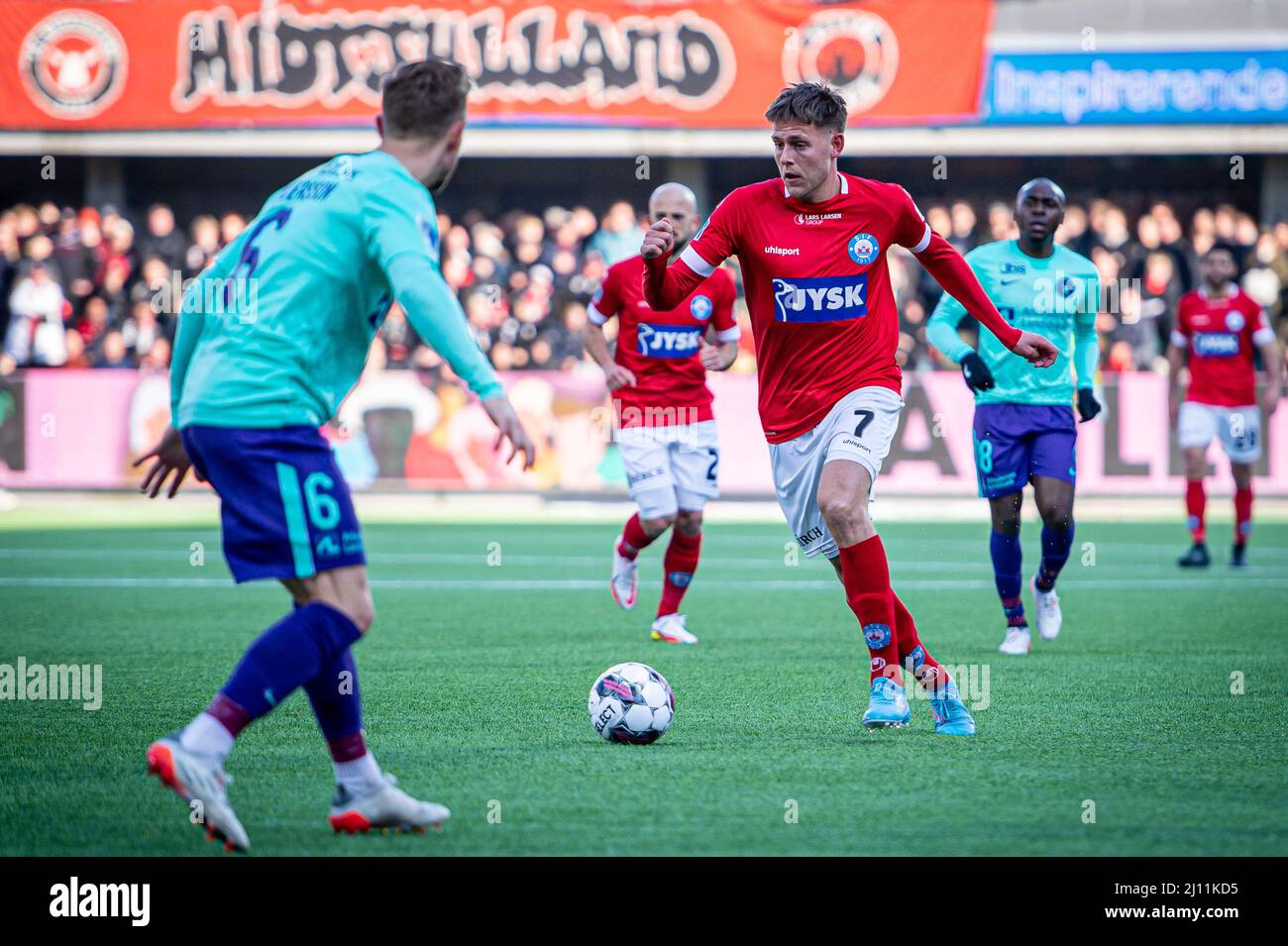Silkeborg, Denmark. 20th, March 2022. Nicolai Vallys (7) of Silkeborg IF seen during the 3F Superliga match between Silkeborg IF and FC Midtjylland at Jysk Park in Silkeborg. (Photo credit: Gonzales Photo - Morten Kjaer). Stock Photo
