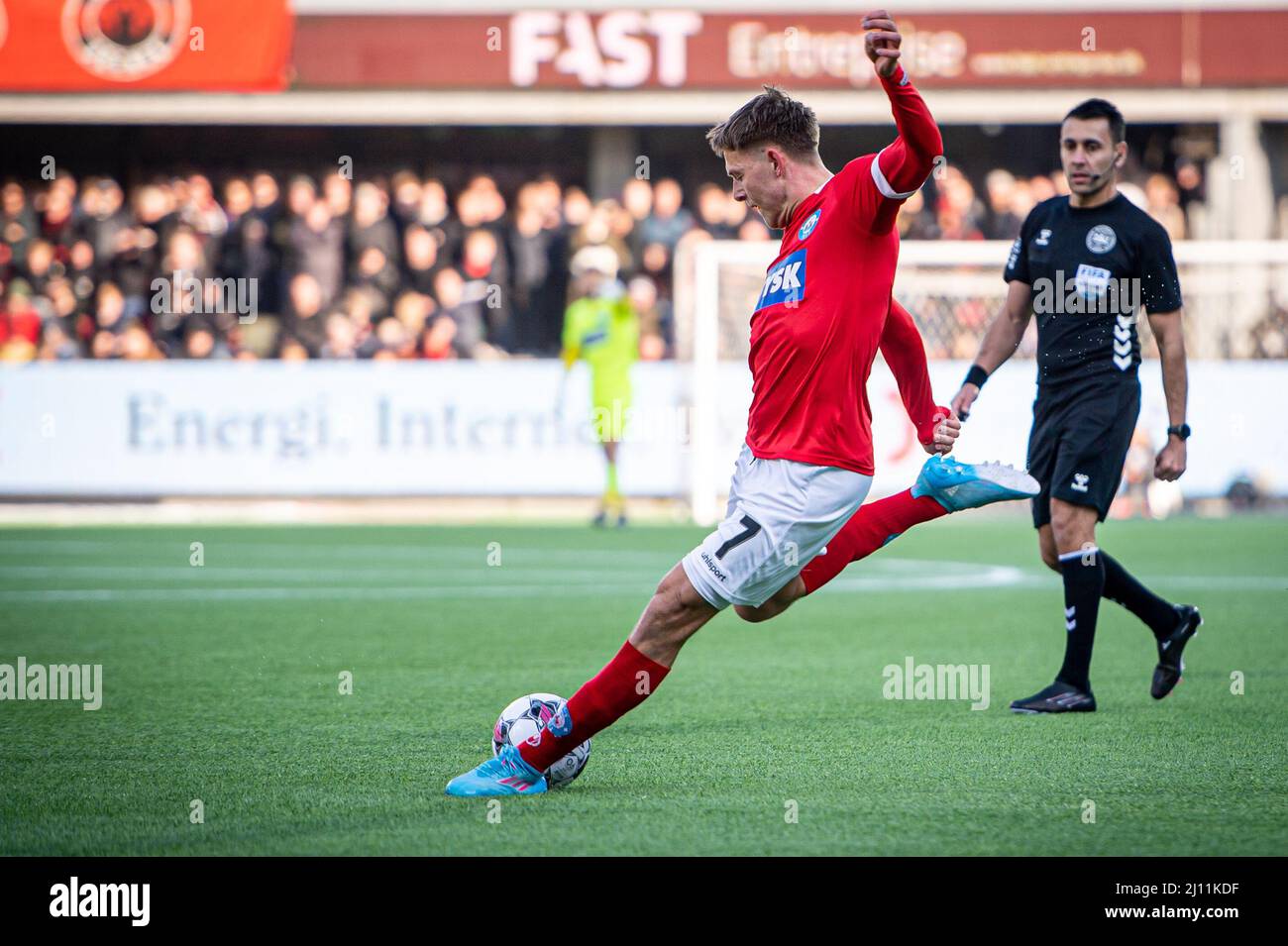 Silkeborg, Denmark. 20th, March 2022. Nicolai Vallys (7) of Silkeborg IF seen during the 3F Superliga match between Silkeborg IF and FC Midtjylland at Jysk Park in Silkeborg. (Photo credit: Gonzales Photo - Morten Kjaer). Stock Photo