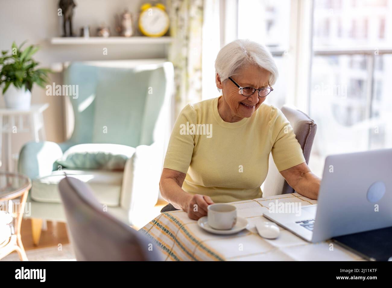 Senior woman using laptop at home Stock Photo