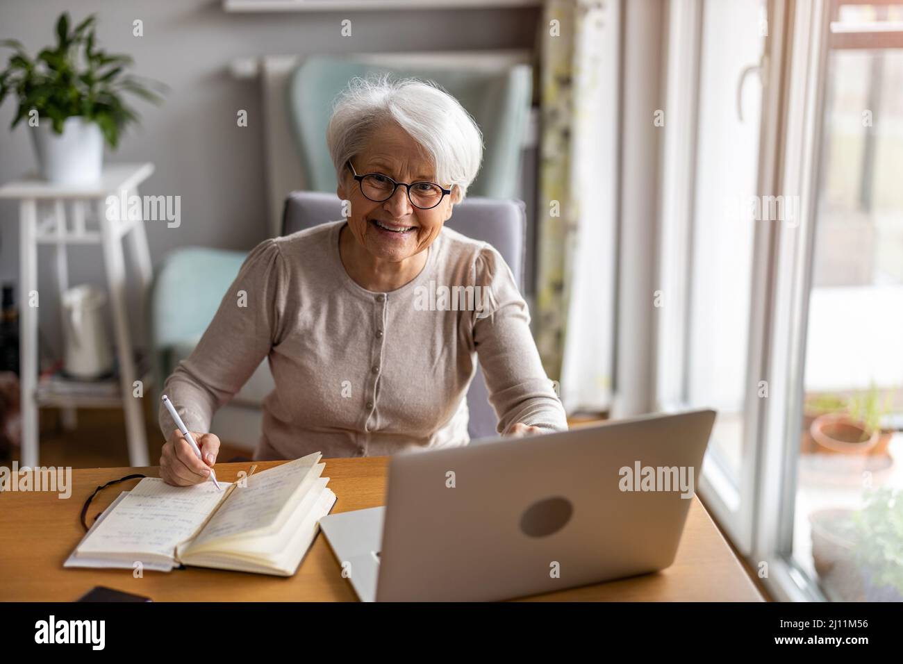 Senior woman using laptop at home Stock Photo
