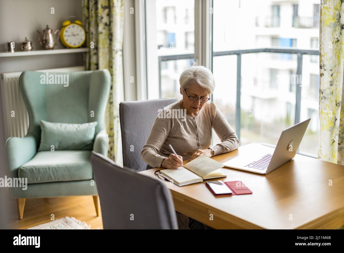 Senior woman using laptop at home Stock Photo