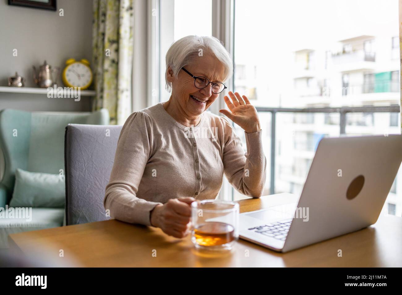 Senior woman using laptop at home Stock Photo