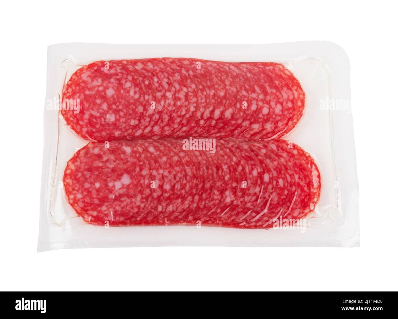 Vacuum packed sausage slices isolated on white background Stock Photo