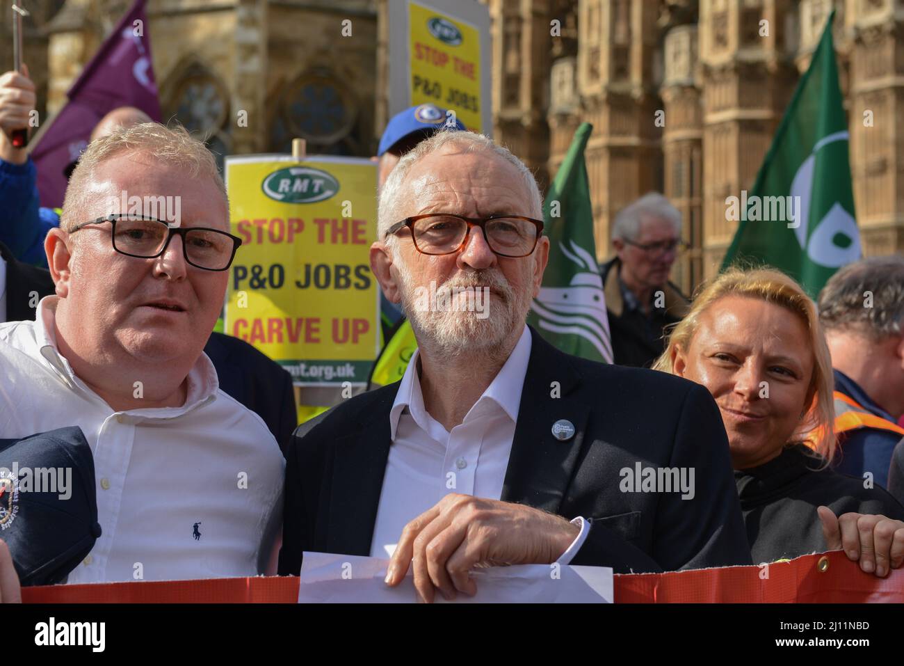 London, UK. 21st Mar, 2022. Jeremy Corbyn (m) is seen during the rally. RMT Union protest in solidarity to maritime ferry workers and against the P&O job cuts. Protesters gathered outside the offices of DP World on palace Street, and marched to Old Palace yard outside the Parliament. Credit: SOPA Images Limited/Alamy Live News Stock Photo