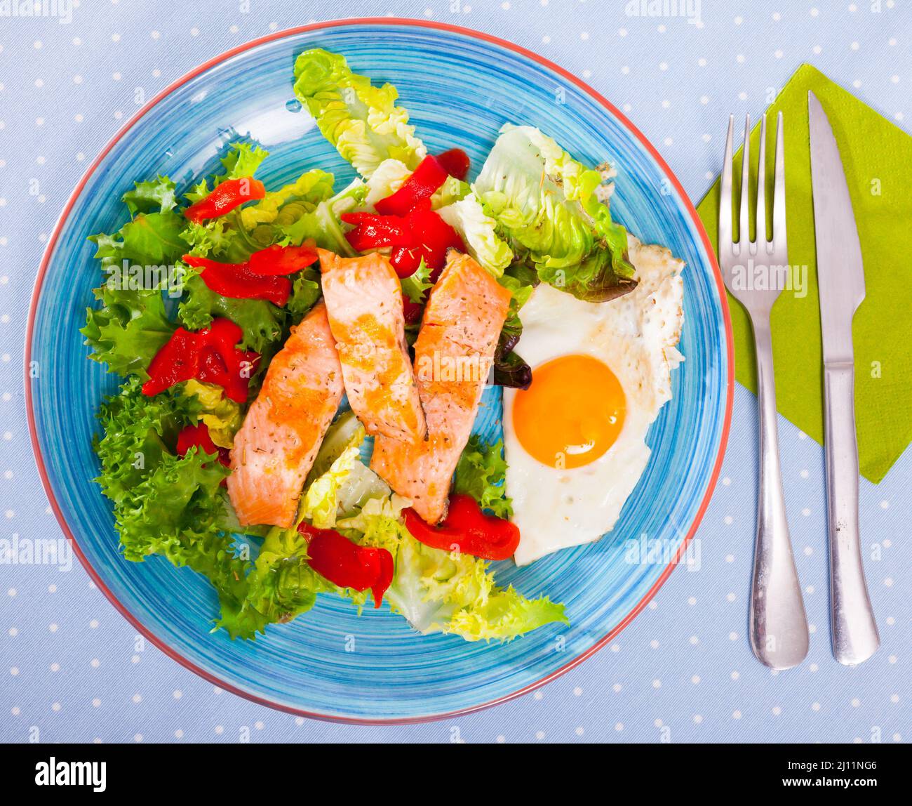 Lowcalorie breakfast with roasted trout Stock Photo Alamy