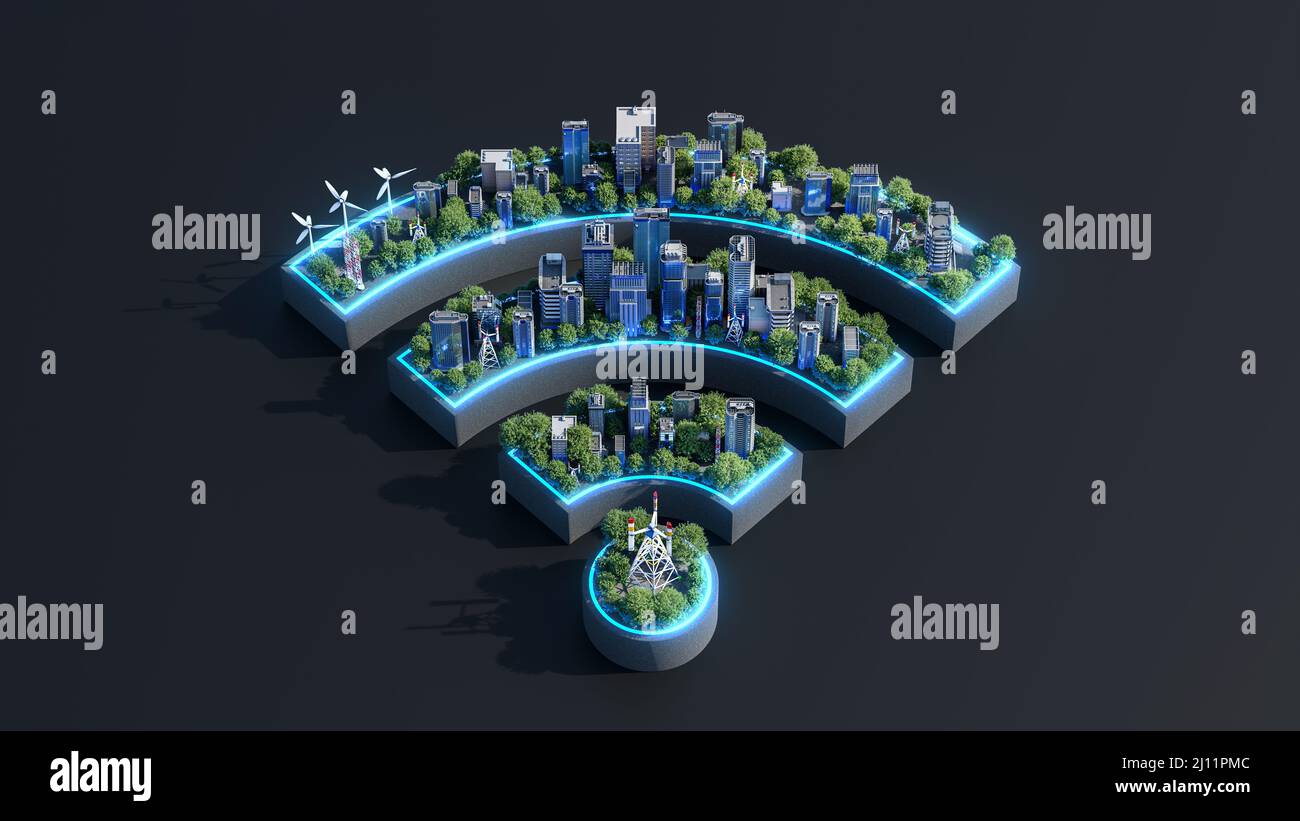 3D wifi symbol with commercial building and greenery. Wireless network symbol 3d icon design concept. 3d rendering. Stock Photo