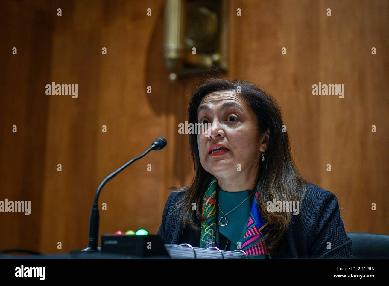 Washington, United States Of America. 15th Mar, 2022. Uzra Zeya, Under Secretary for Civilian Security, Democracy, and Human Rights, U.S. Department of State, appears before a Senate Committee on Foreign Relations hearing to examine combatting authoritarianism, focusing on U.S. tools and responses, in the Dirksen Senate Office Building in Washington, DC, Tuesday, March 15, 2022. Credit: Rod Lamkey/CNP/AdMedia/Newscom/Alamy Live News Stock Photo