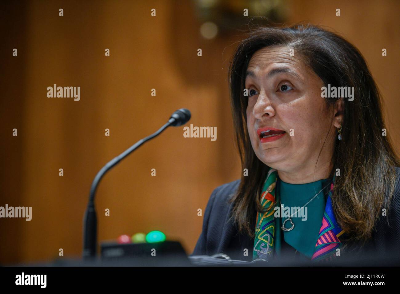 Washington, United States Of America. 15th Mar, 2022. Uzra Zeya, Under Secretary for Civilian Security, Democracy, and Human Rights, U.S. Department of State, appears before a Senate Committee on Foreign Relations hearing to examine combatting authoritarianism, focusing on U.S. tools and responses, in the Dirksen Senate Office Building in Washington, DC, Tuesday, March 15, 2022. Credit: Rod Lamkey/CNP/AdMedia/Newscom/Alamy Live News Stock Photo