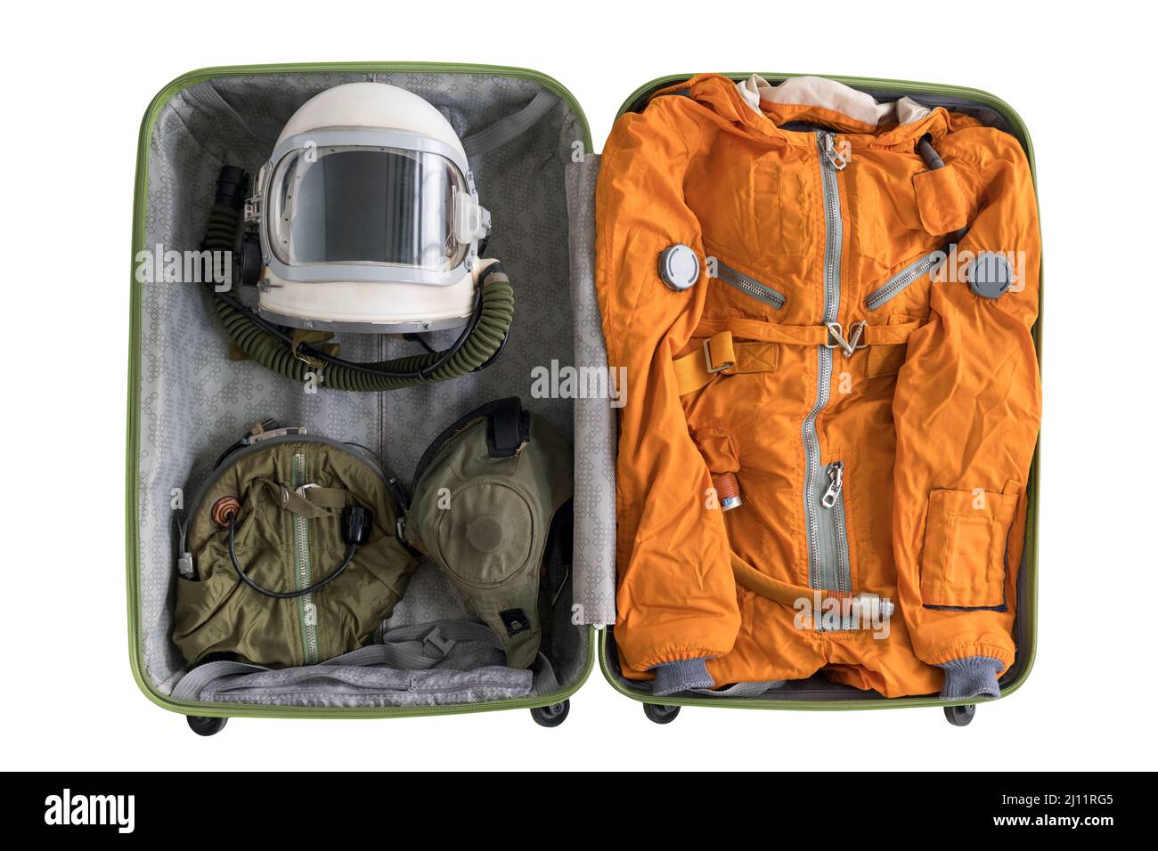 Open suitcase packed for space travelling with astronaut orange space suit, space helmet and spacesuit accessories isolated on white background Stock Photo