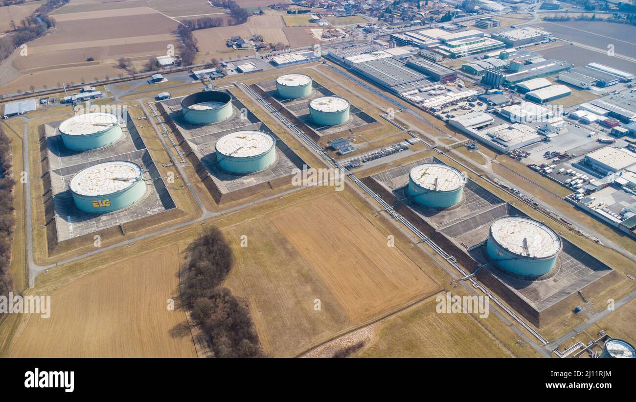 Fossil oil storage tanks as supply during energy crisis in Lannach in Austria Stock Photo