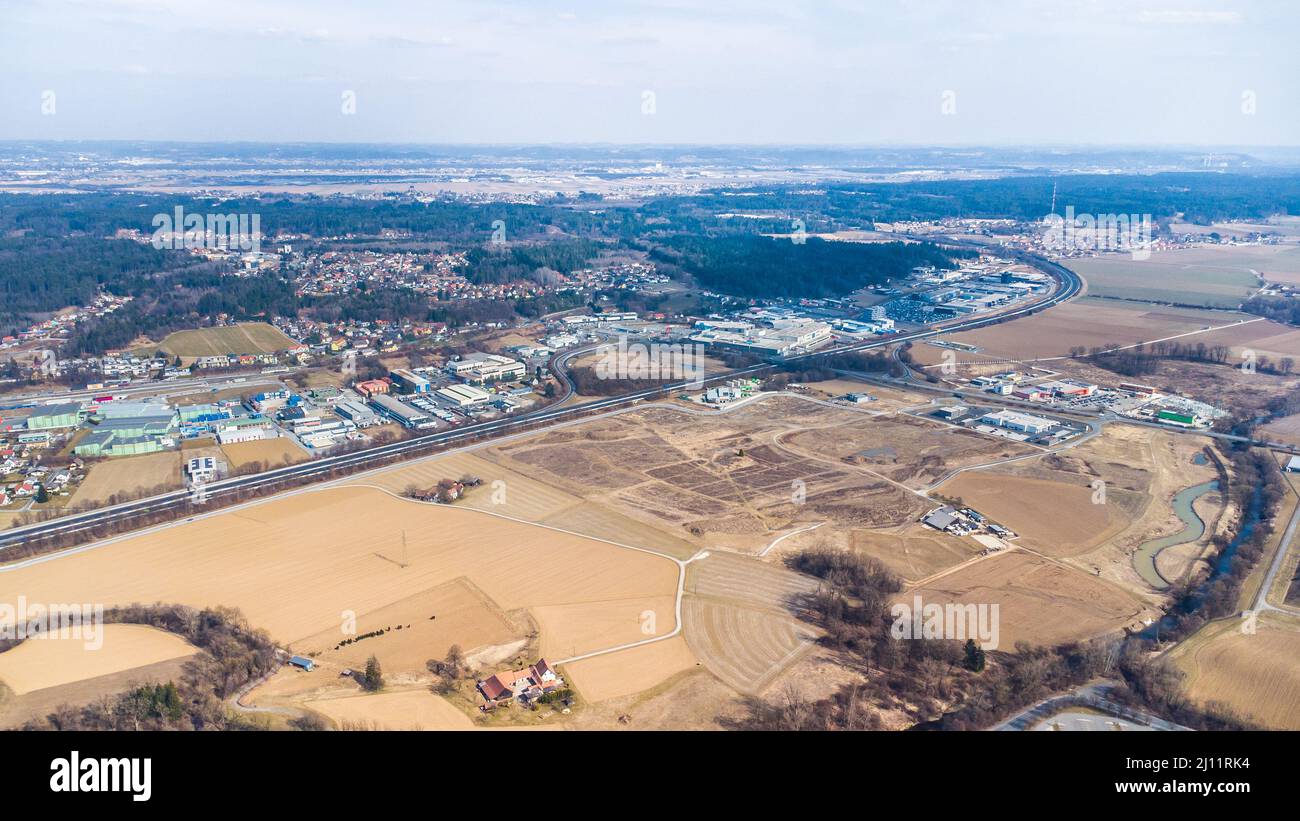 Aerial view of farm land around Lannach and Lieboch in Austria Stock Photo